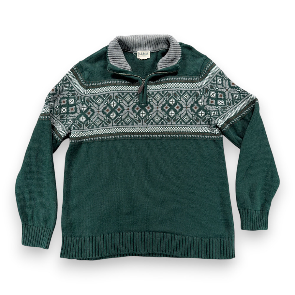 LL Bean Sweater Adult MEDIUM Green Gray Quarter Zip Fair Isle Nordic Cotton Y2K